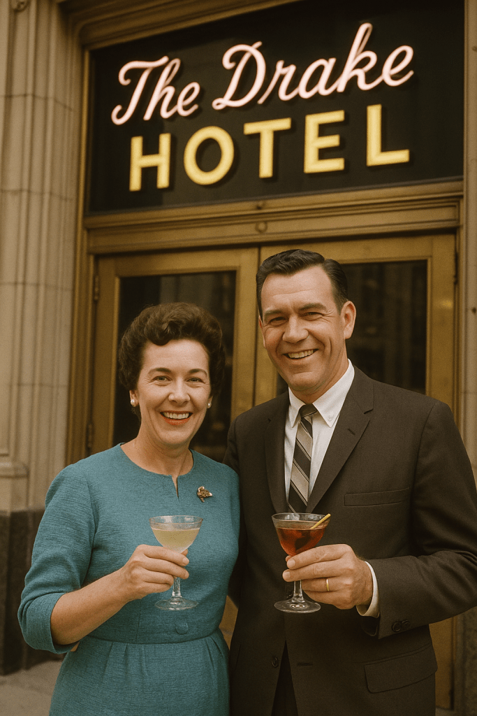 A vintage scene outside The Drake Hotel, featuring a middle-aged couple standing together, smiling at the camera, each hol...