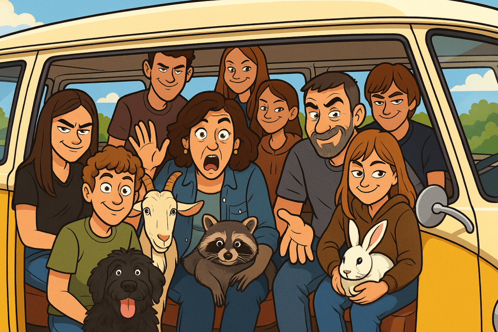A family of eight, including two adults, sits inside a yellow van with a variety of animals in their laps, including a dog...