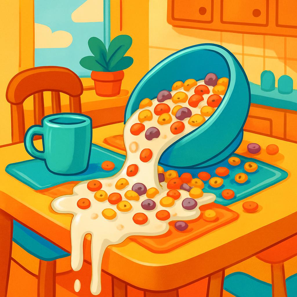 spilled bowl of cereal and milk on a dining table with a mug, a plant, and the window as the background.