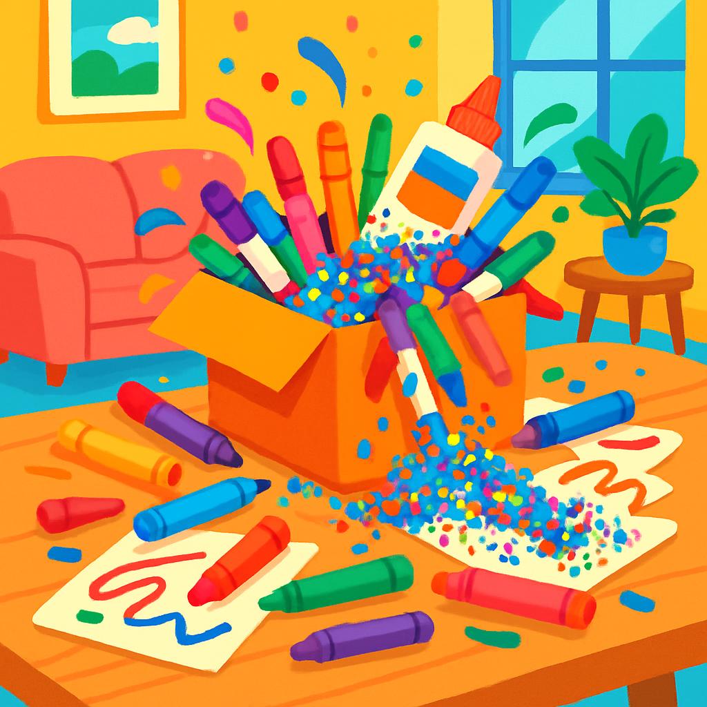 A colorful illustration of a box overflowing with crayons scattered across a table, offering a delightfully playful scene.