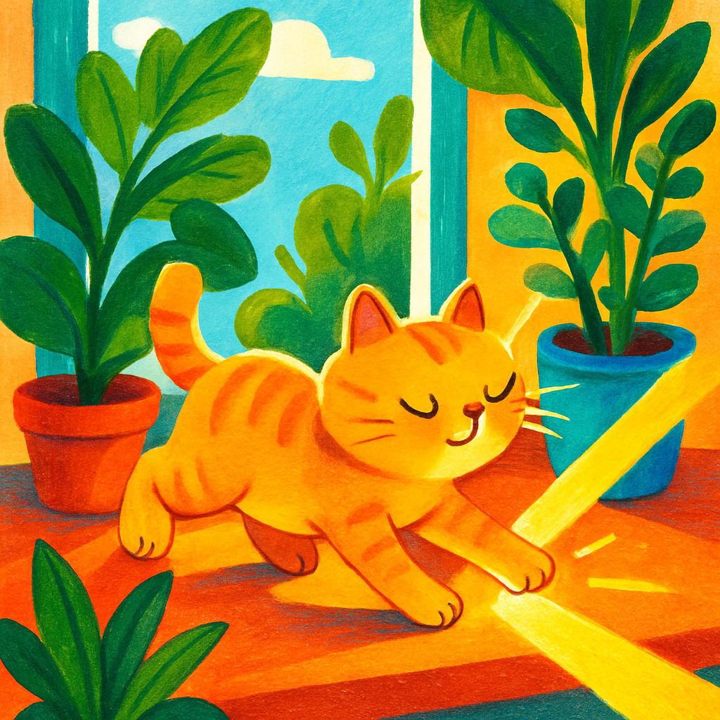 A serene illustration of a ginger cat sunbathing on a polished wooden floor amidst potted plants.