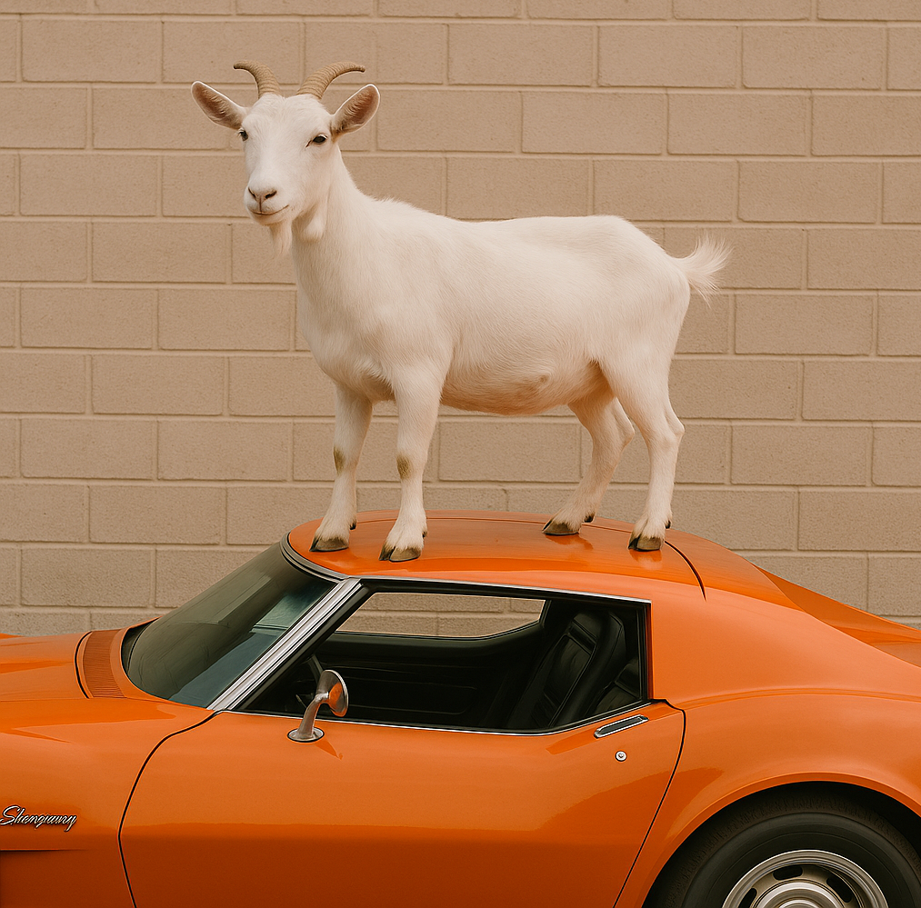 title A white goat standing atop an orange sports car, with visible wheels and windows.